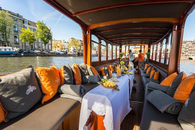 A canal tourist boat interior view in Amsterdam, Netheralnds